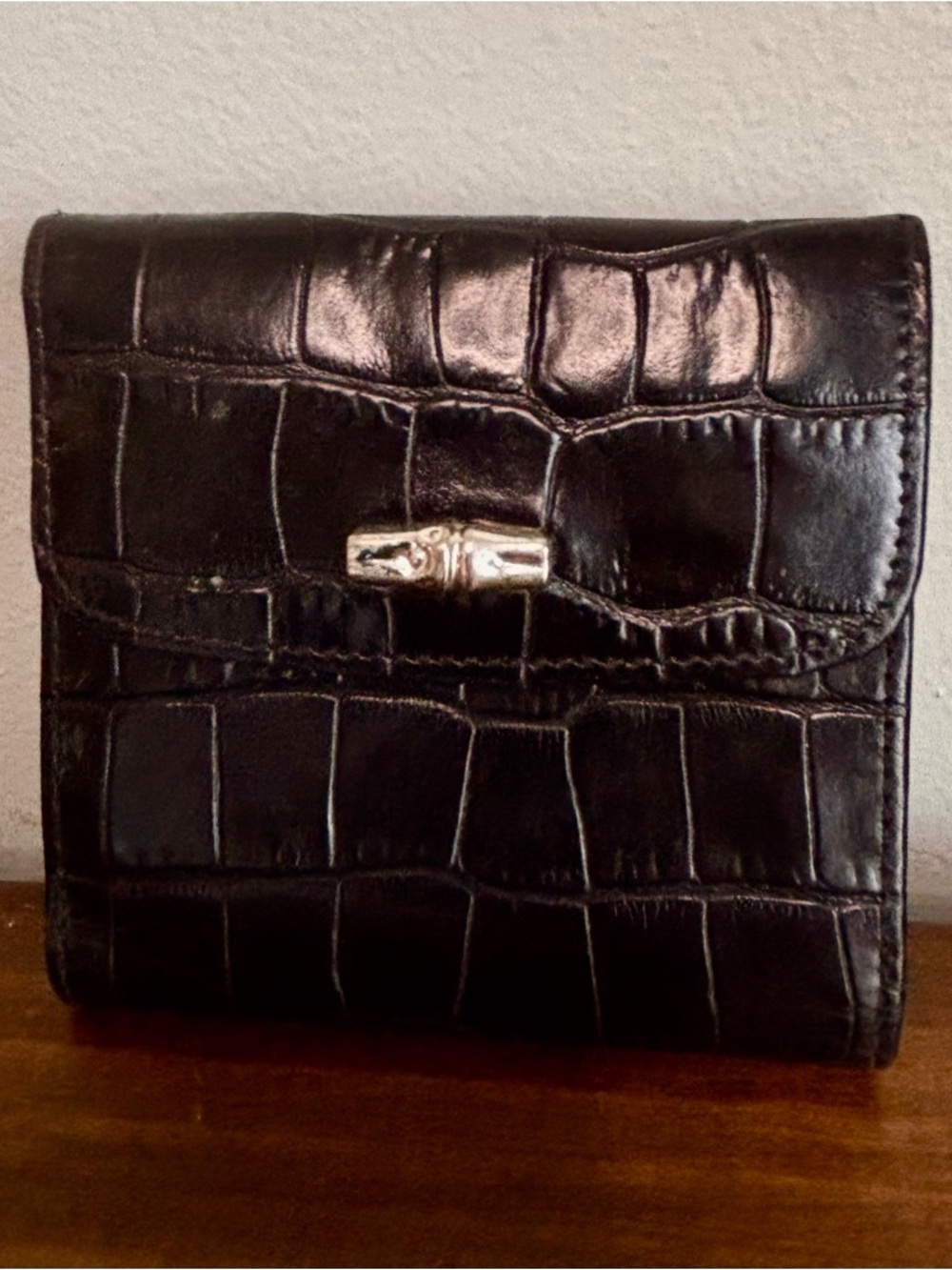 Longchamp Black Croc Leather Bifold Wallet